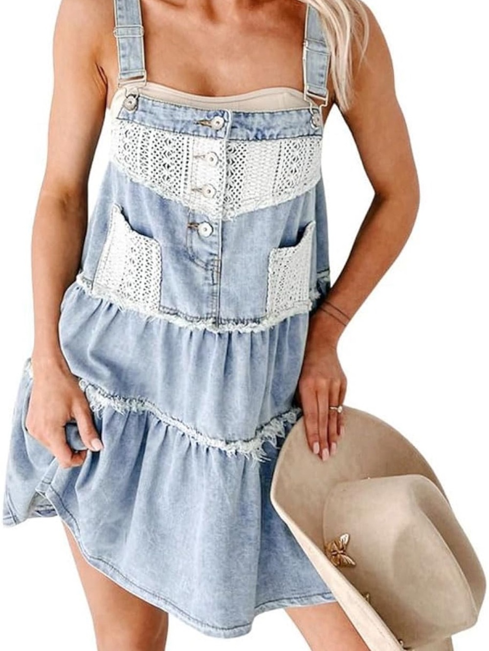 Denim Overall Lace Detail tiered Dress Mini - Picture 3 of 6